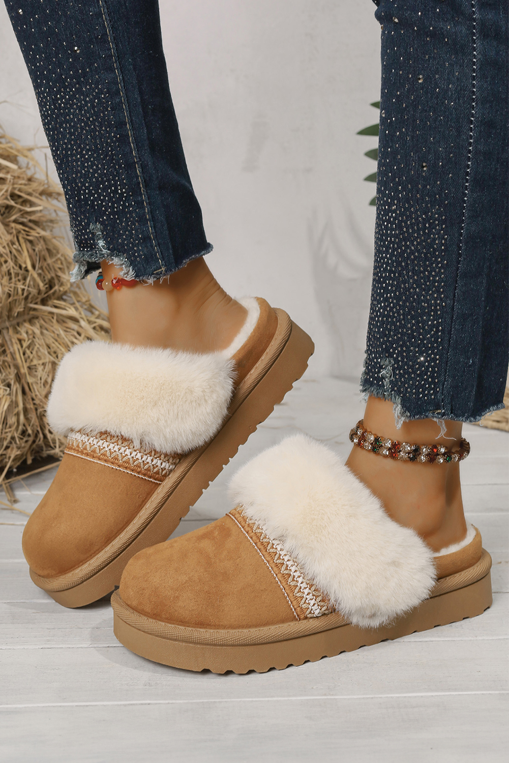 White Faux Suede Plush Trim Ethnic Mule Slippers