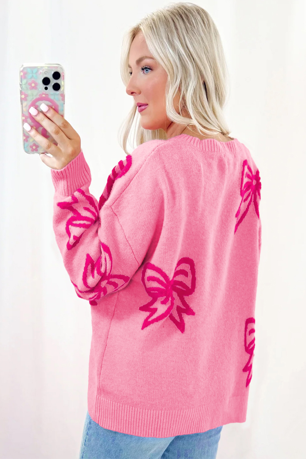 Golden Fleece Bow Pattern Drop Shoulder Loose Sweater