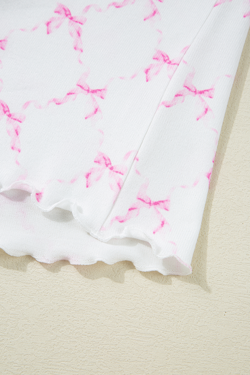 Pink Bow Knot Geometric Print Lettuce Trim Two Piece Lounge Set