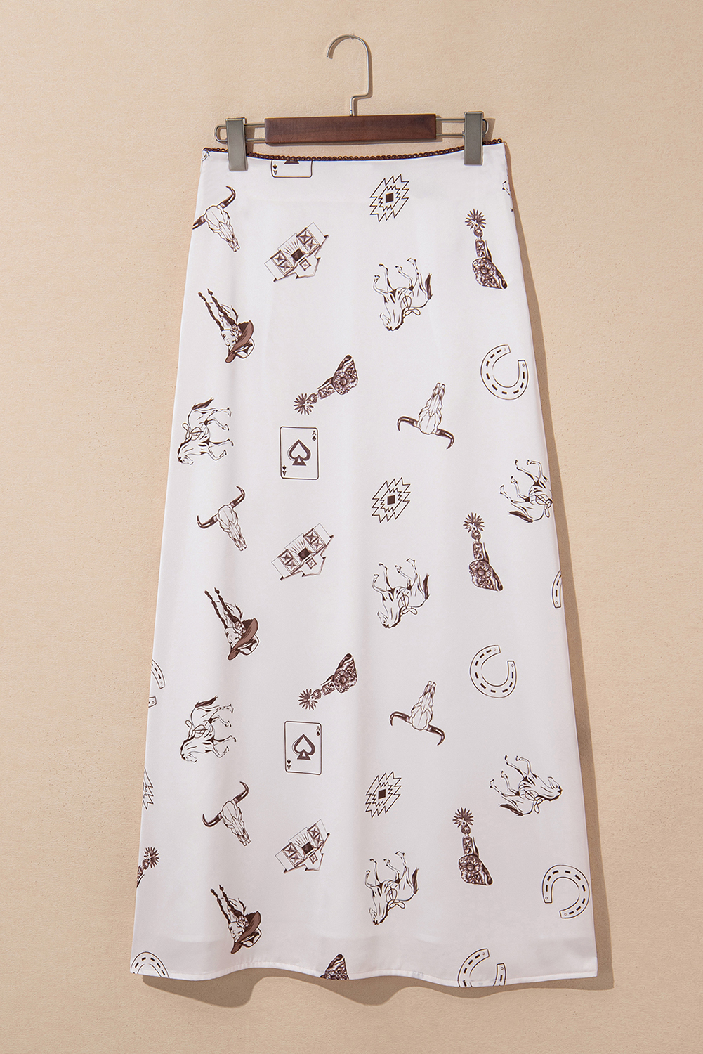 Beige Western Print Satin Long Skirt