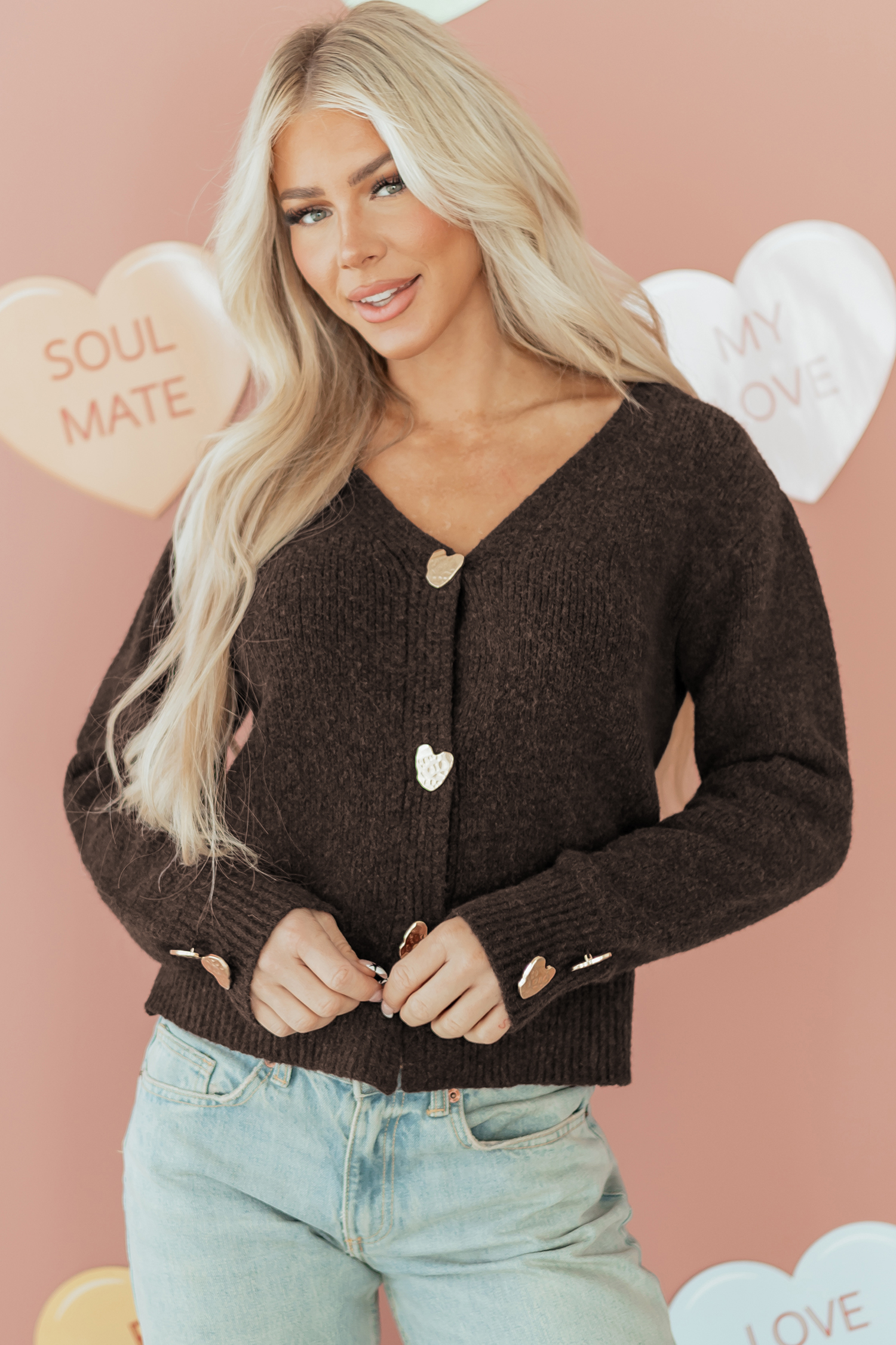 Fiery Red Heart Metal Button V Neck Cardigan Sweater