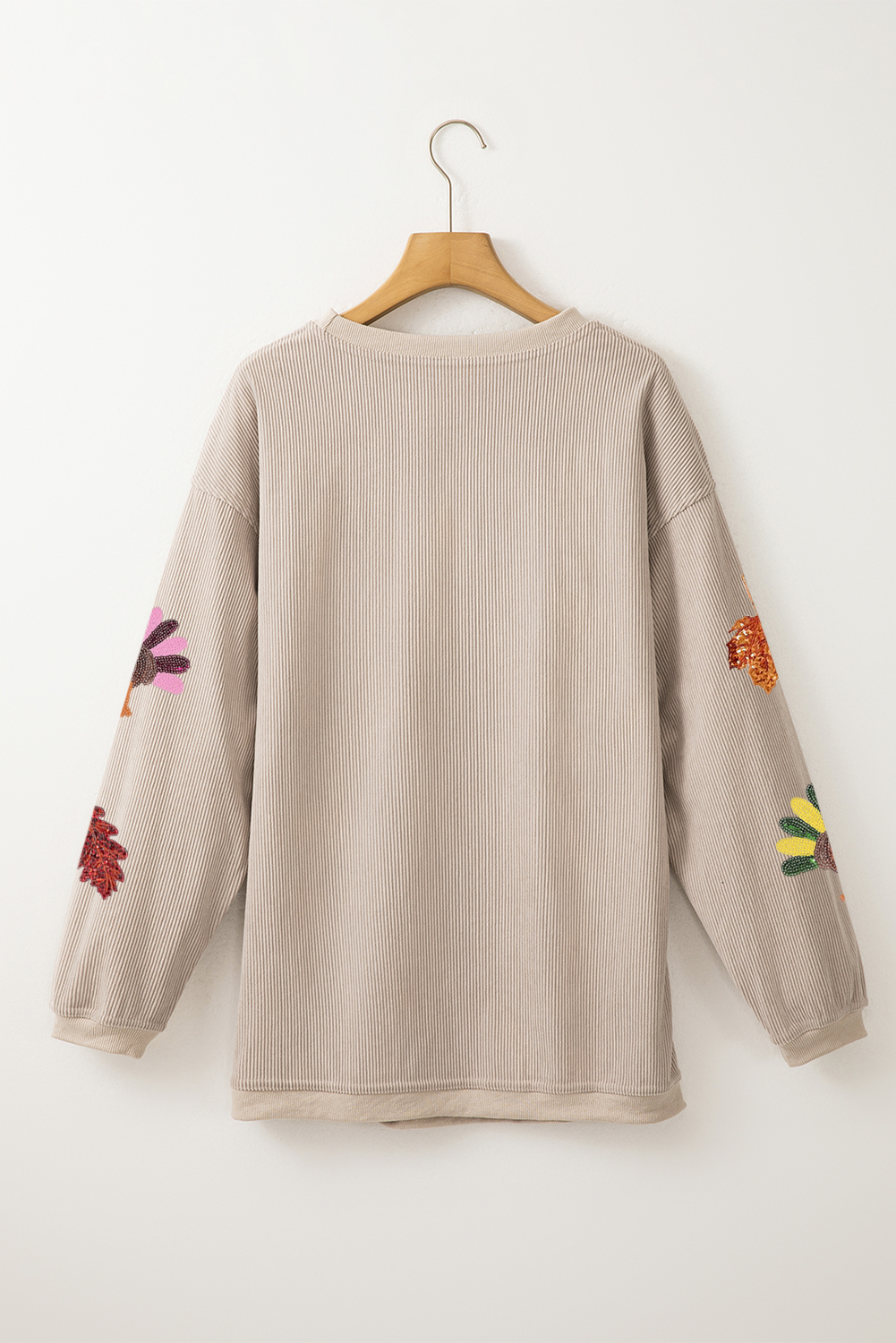 Smoke Gray 3D Ribbed Sequin Fall Leaf Turkey Graphic Baggy Sweatshirt