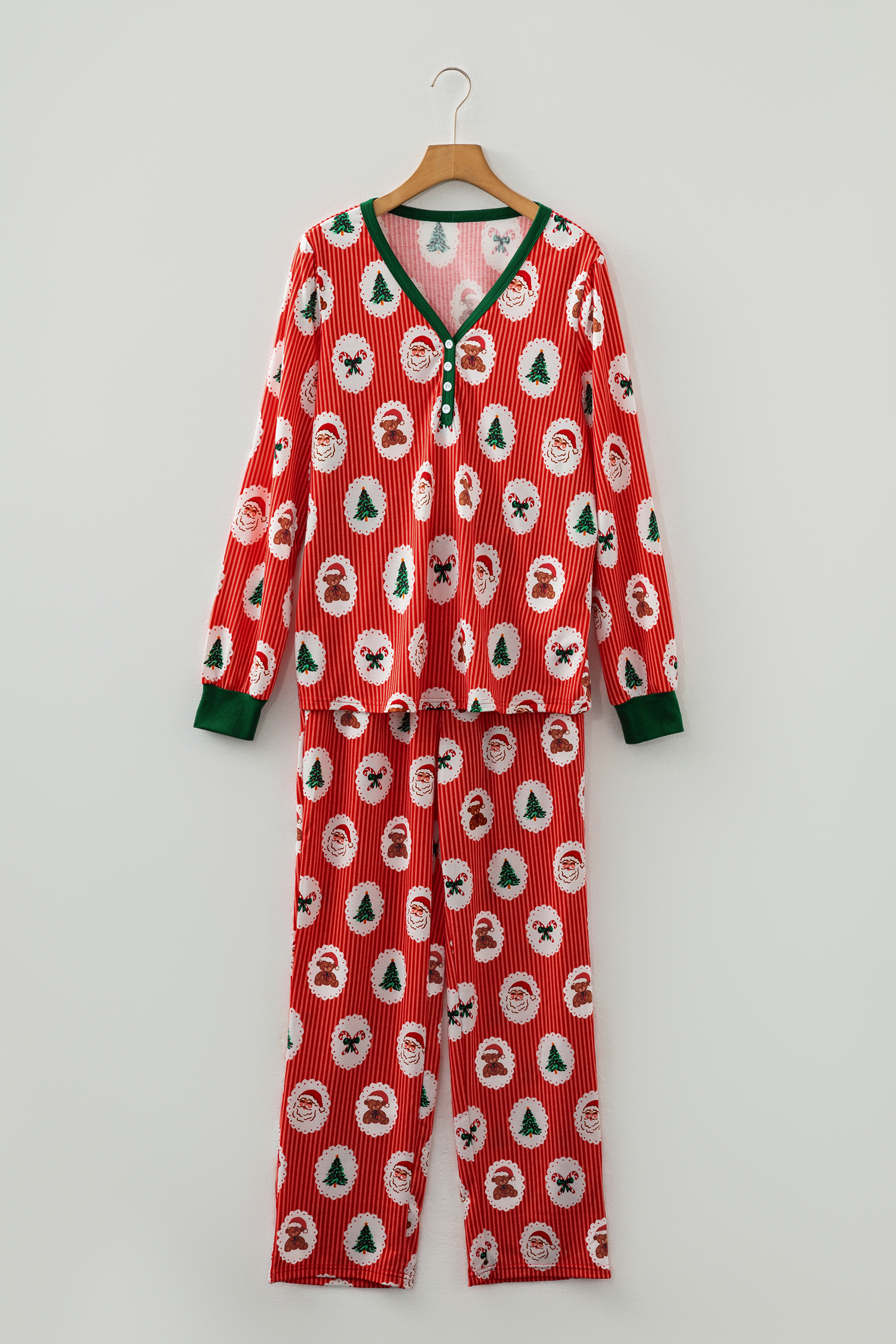 Red Stripe Christmas Fashion Print Henley V Neck Pullover and Jogger Pants 2 Piece Lounge Set