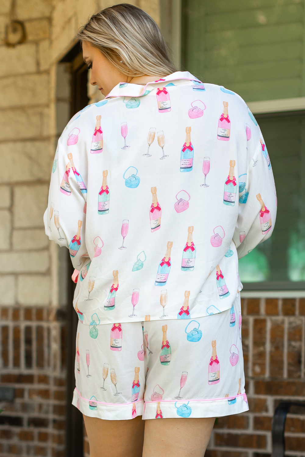 White Christmas Wine Glass Print Bow Knot Two Piece Pajama Set