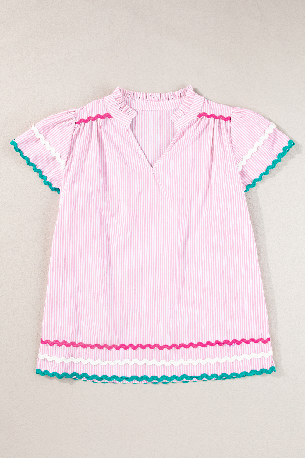 Sky Blue Stripe Ricrac Trim Split Neck Striped Ruffled Sleeve Blouse