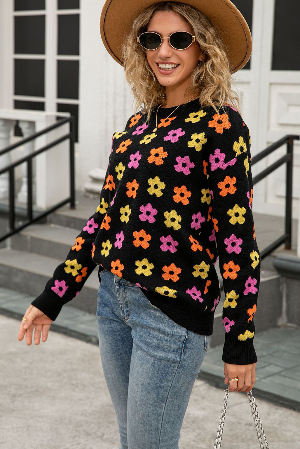 Apricot Cute Flower Allover Ribbed Trimmed Drop Shoulder Pullover Sweater