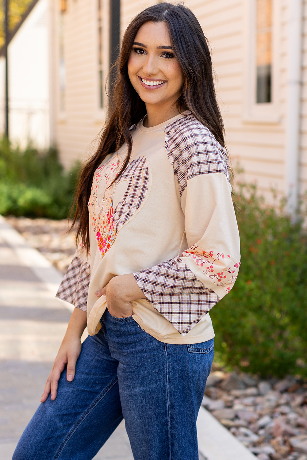 Beige Flower Patch Graphic Exposed Seam Wide Sleeve Top