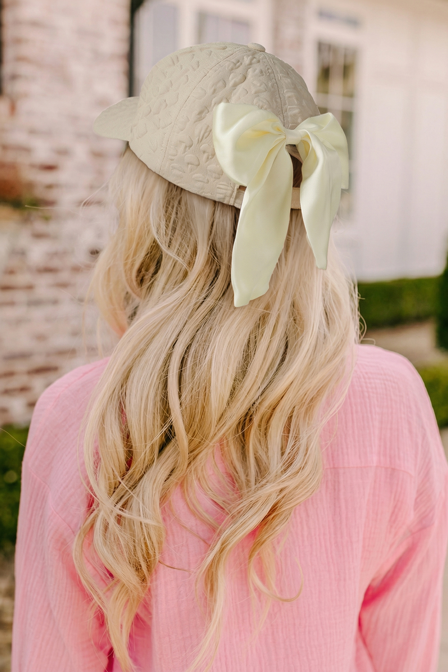 White Ribbon Bow Detail Textured Baseball Cap