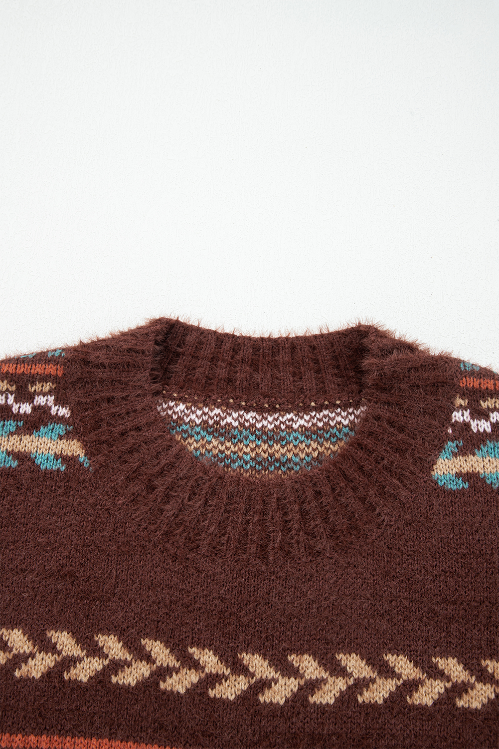 Brown Ethnic Pattern Mohair Knitted Drop Shoulder Sweater