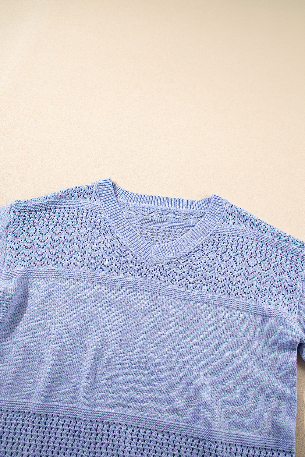 Sky Blue Eyelet Pattern Detail V Neck Drop Shoulder Sweater