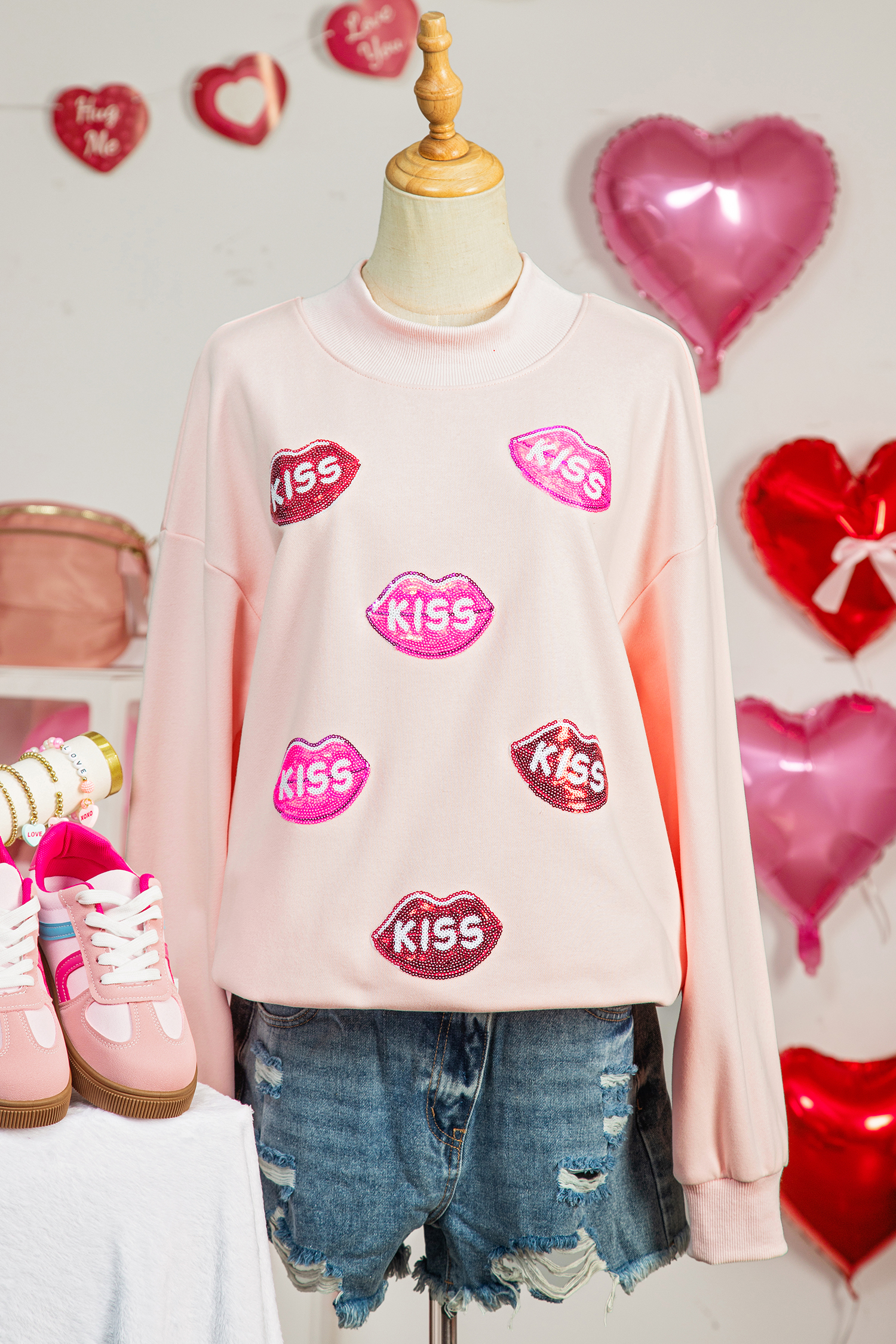Apricot Pink Cowgirl Element Embroidered Detail Mock Neck Sweatshirt