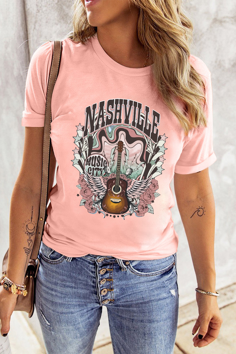 Pink NASHVILLE MUSIC CITY Guitar Graphic T Shirt