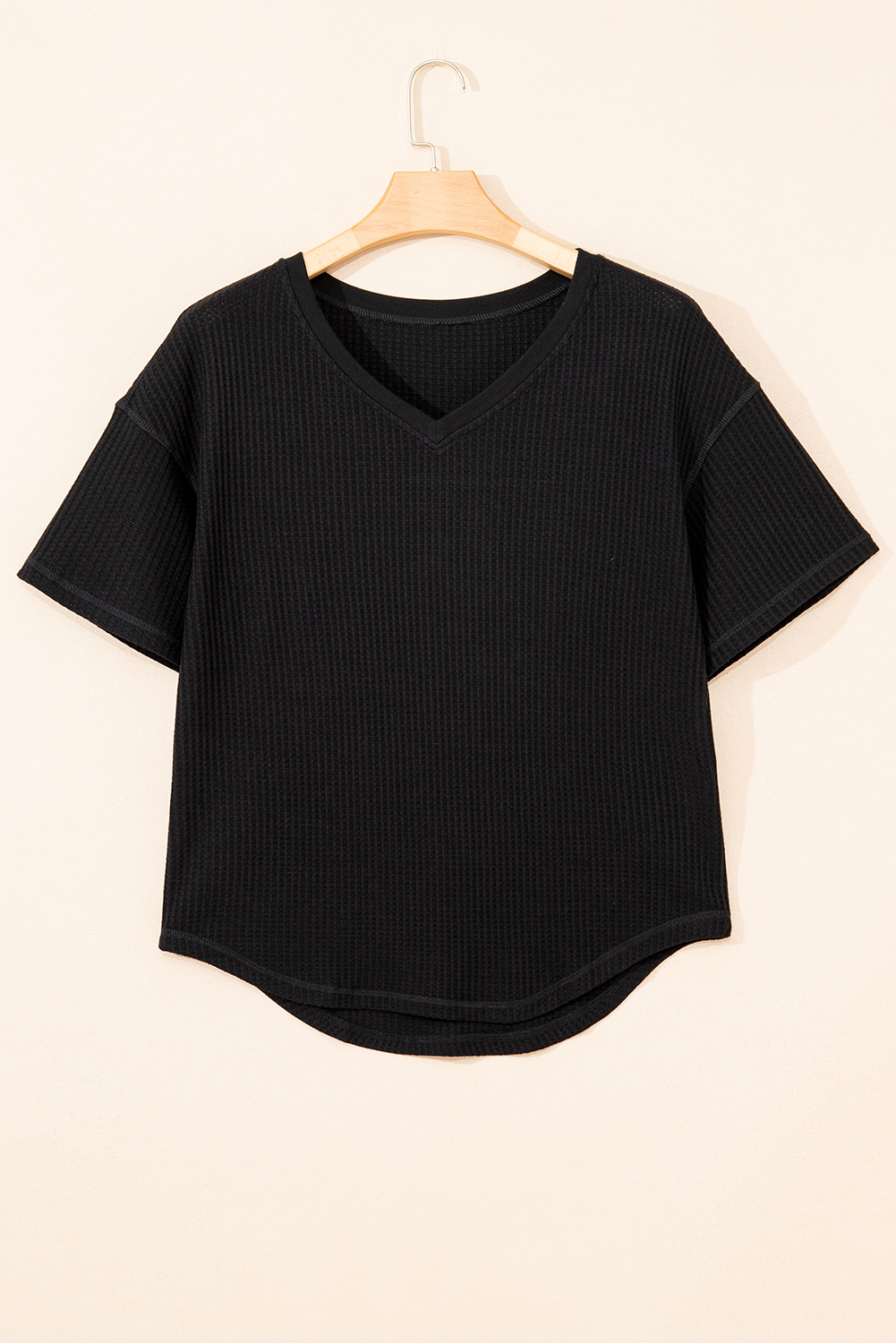 Black Waffle Texture Ribbed V Neck Drop Shoulder Loose Tee