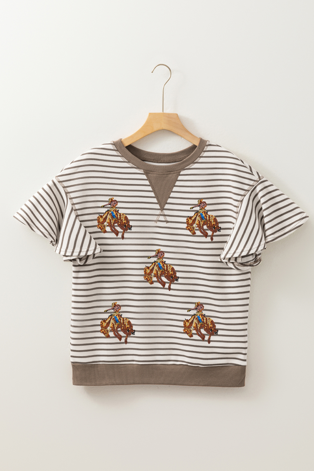 Parchment Sequin Rodeo Patch Pattern Striped Ruffled Sleeve Summer Top