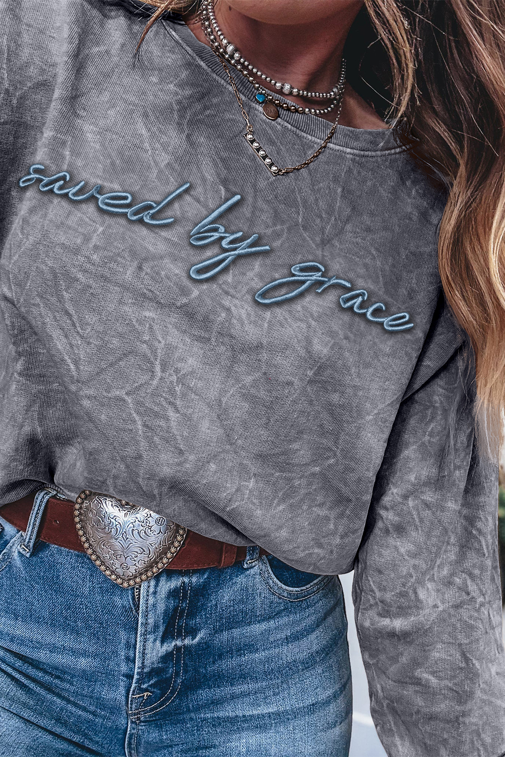 DUNE saved by grace Letter Embroidery Mineral Wash Loose Sweatshirt
