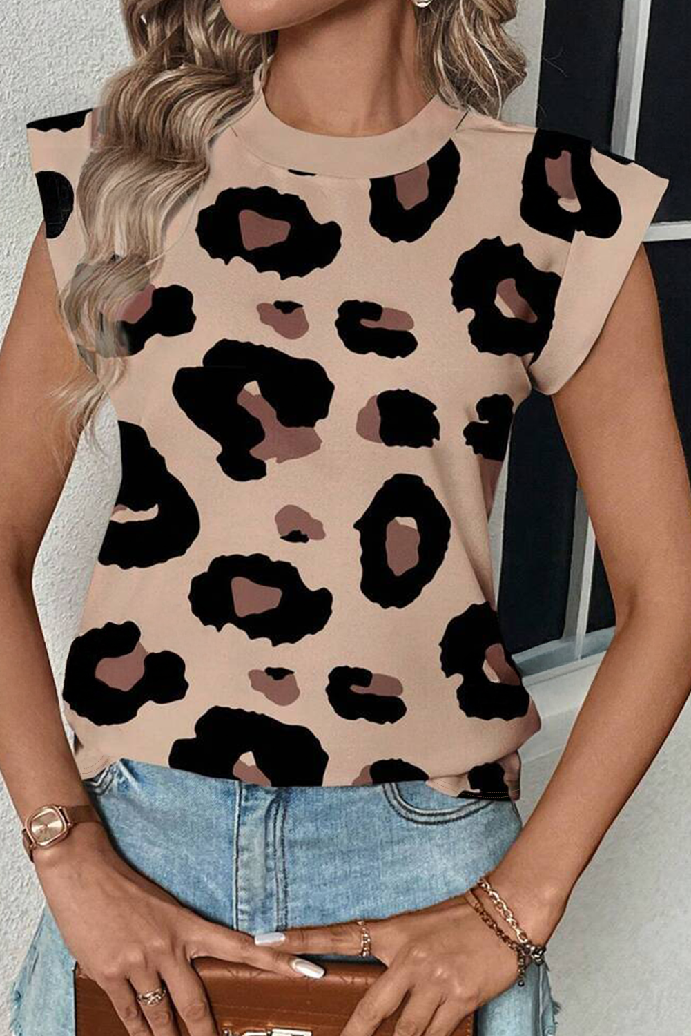 Khaki Leopard Crew Neck Cap Sleeve Casual Tee