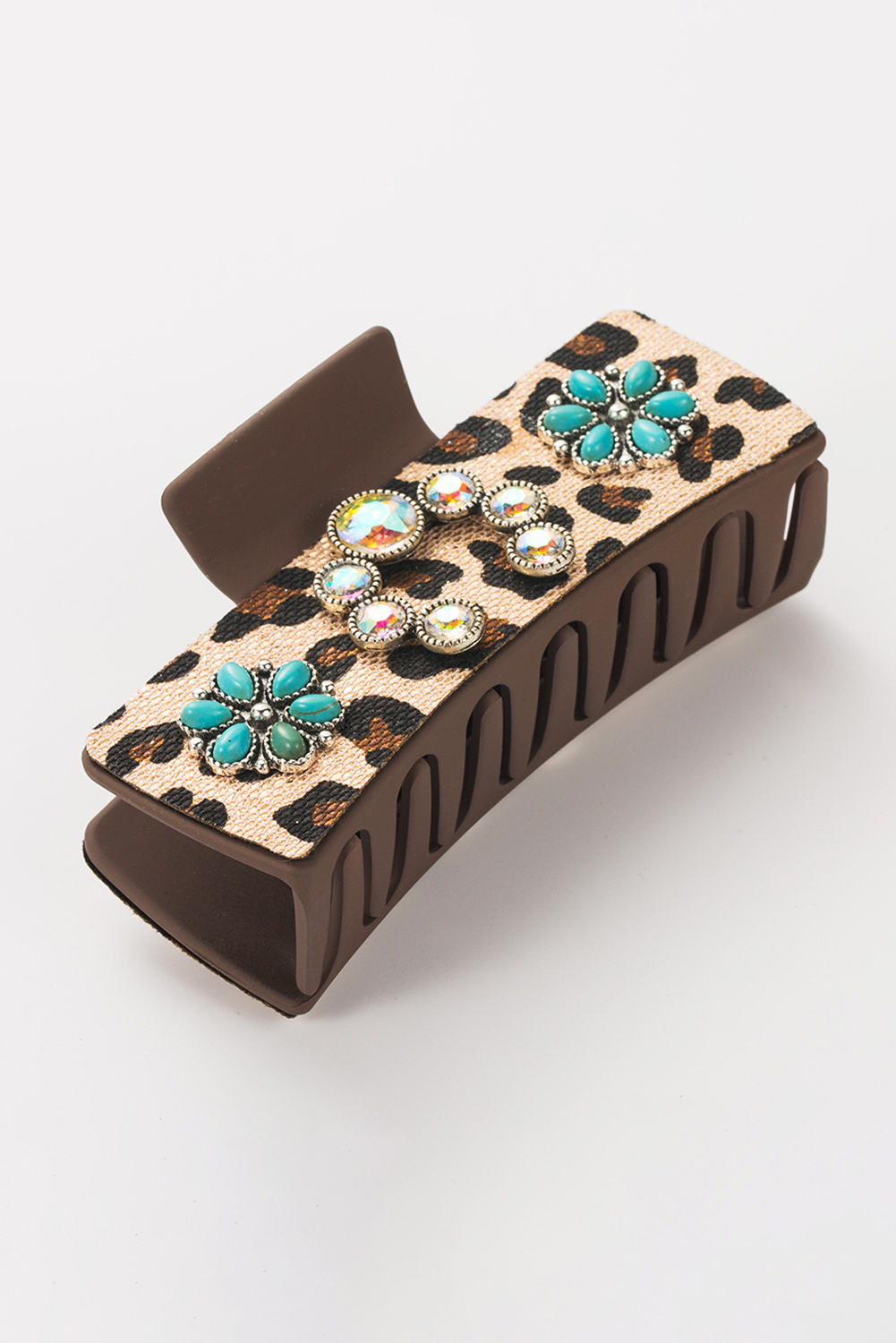 Parchment Western Leopard Print Gem Turquoise Detail Jaw Hair Clip