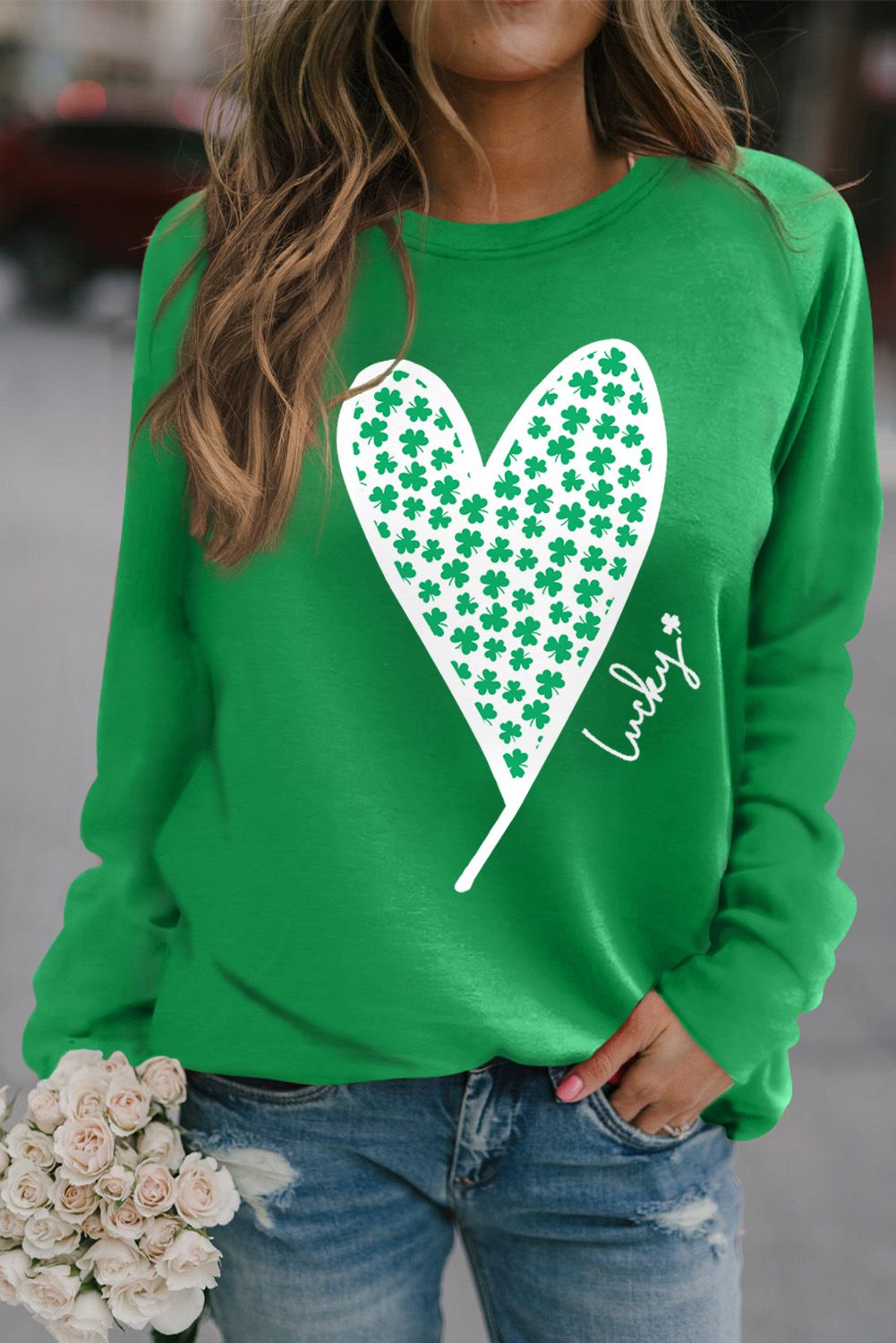 Green St. Patricks LUCKY Clover Print Raglan Sleeve Sweatshirt