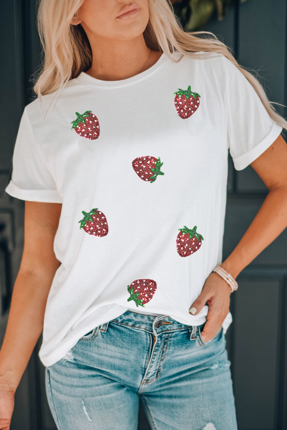 White Sequin Bow Strawberry Graphic Crew Neck T Shirt