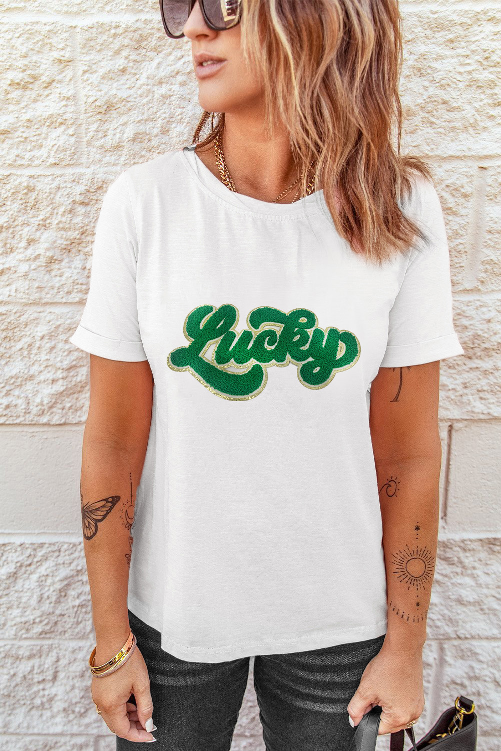 Black St. Patricks Lucky Clover Print O Neck T Shirt
