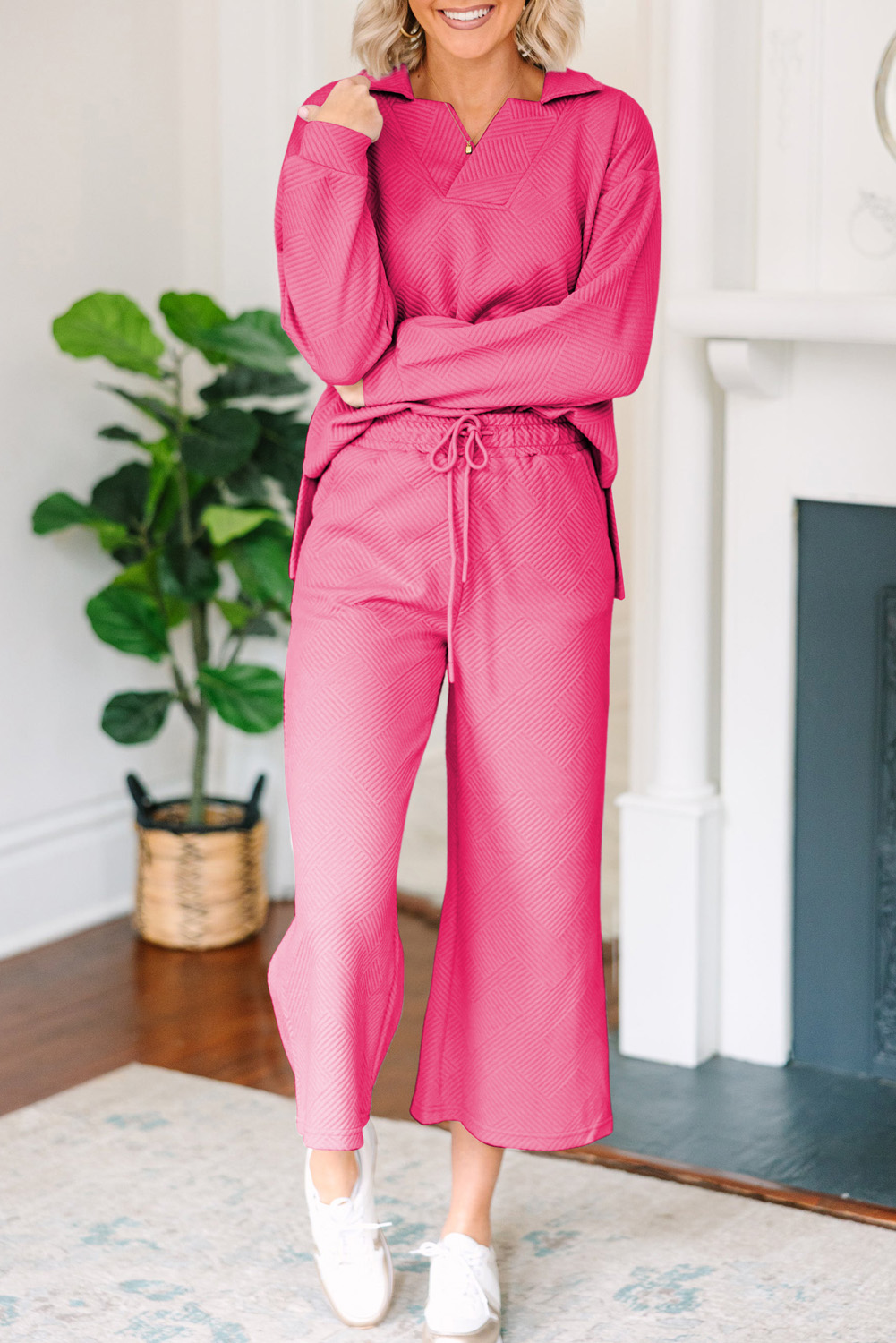 Sail Blue Solid Textured Collared V Neck Top and Wide Leg Pants Set