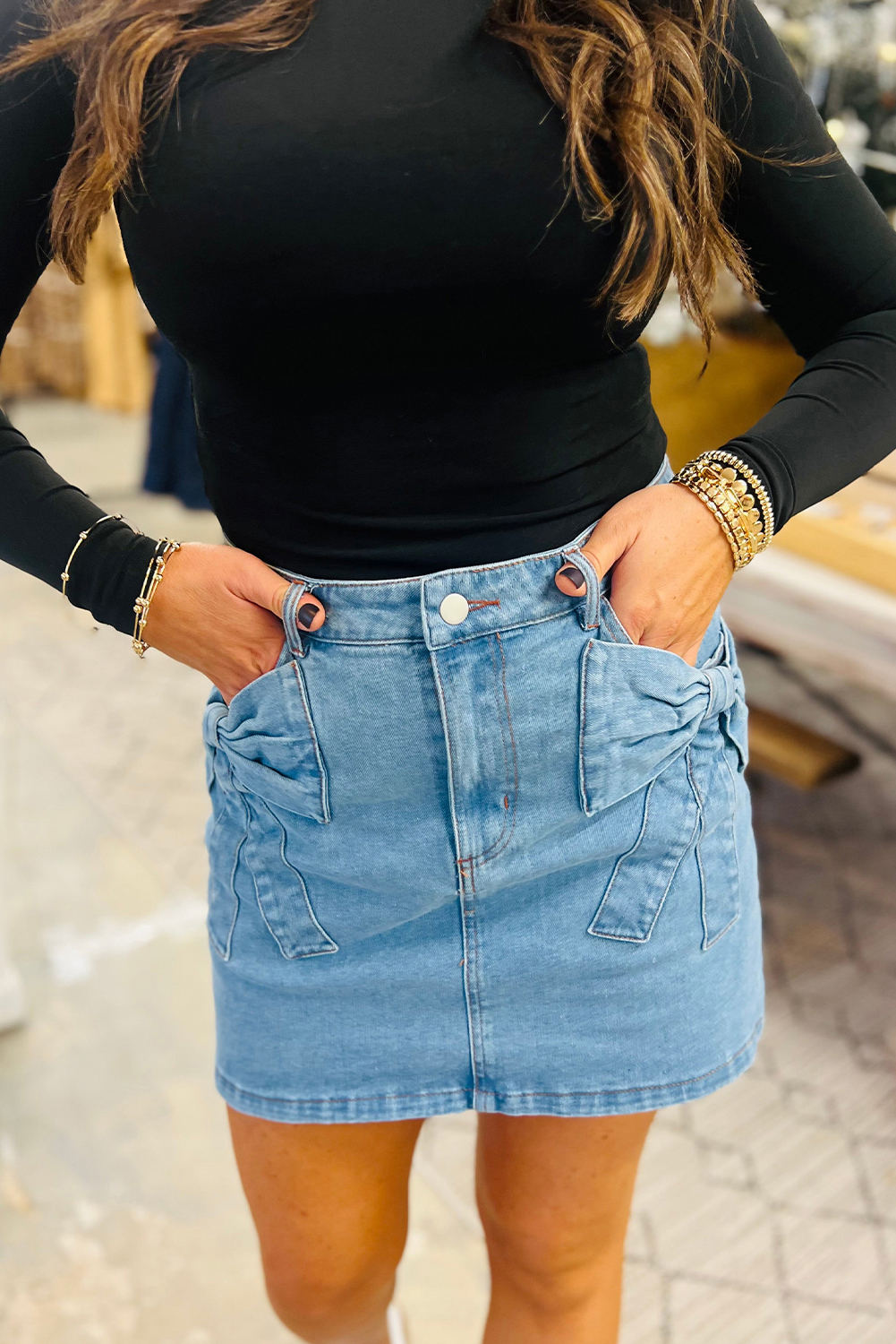Dusk Blue Acid Wash Bowknot Details High Waist Denim Skirt