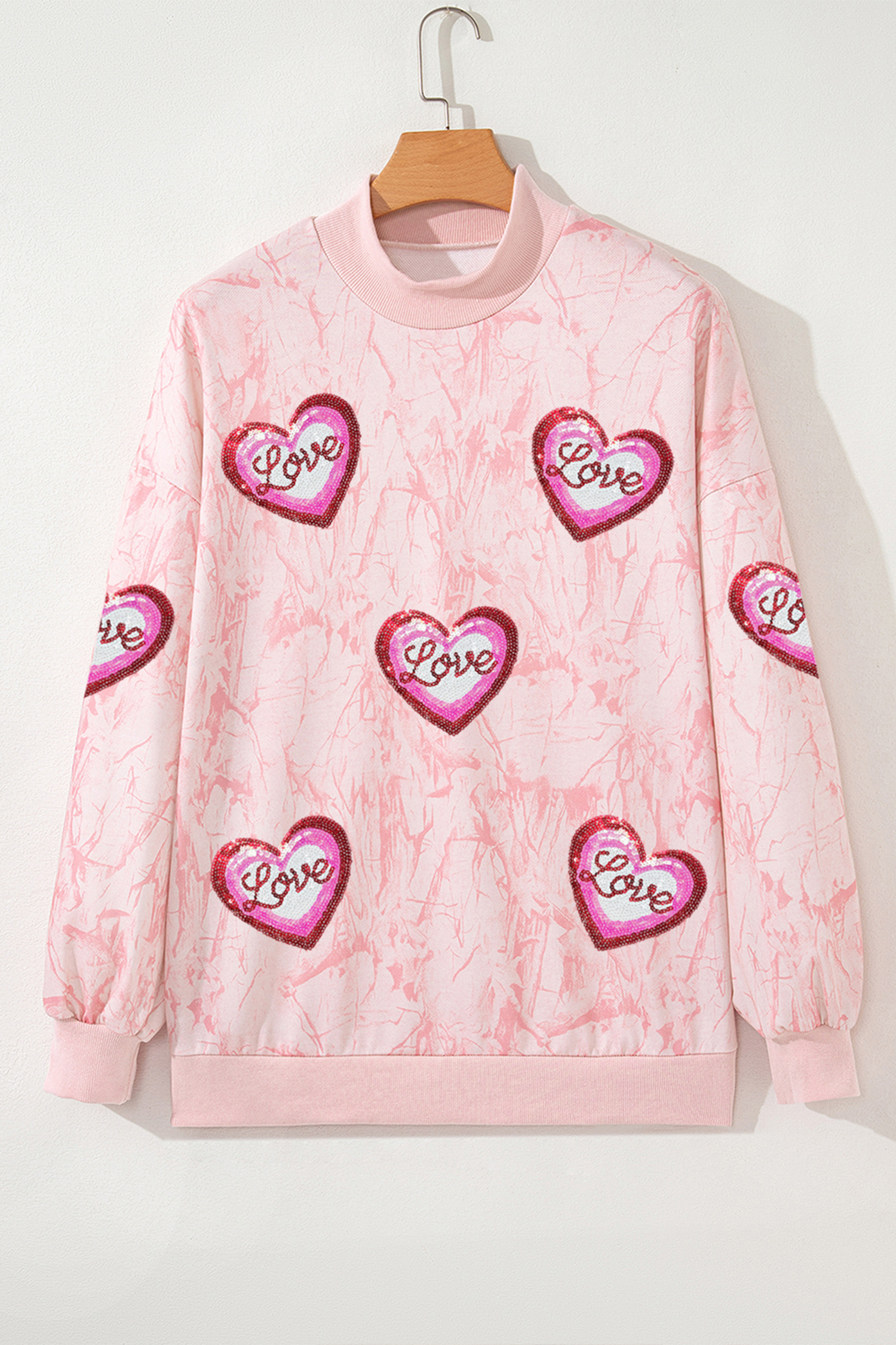 Pink Tie Dye Camo Sequin Love Heart Patched Mock Neck Sweatshirt