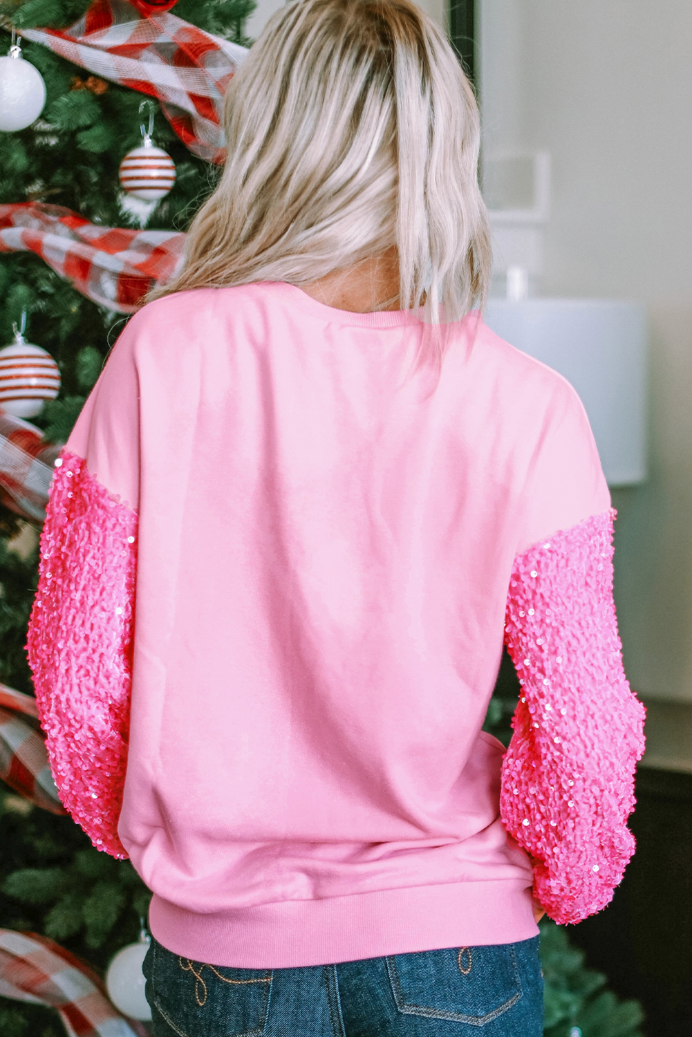 Pink Shiny Father Christmas Graphic Sequin Long Sleeve Top