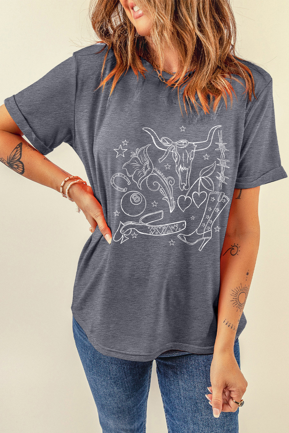 Gray Cowgirl Boots OX Head Western Fashion Print Crewneck Tee