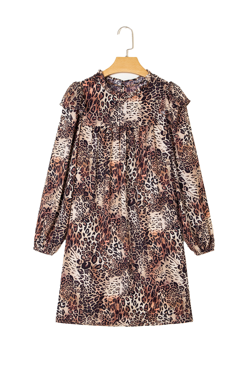 Brown Leopard Ruffled Detail Long Sleeve Loose Mini Dress