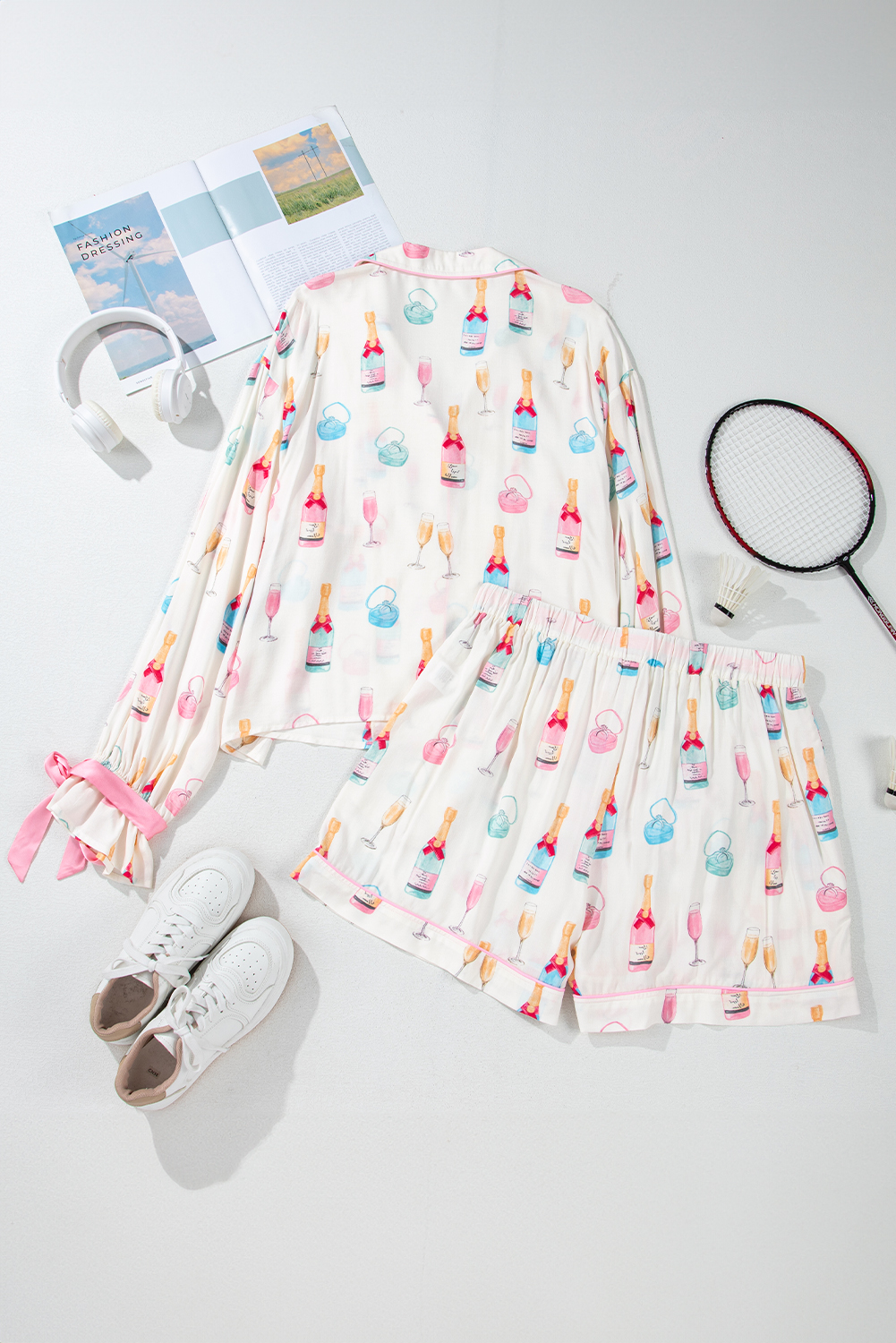 White Christmas Wine Glass Print Bow Knot Two Piece Pajama Set
