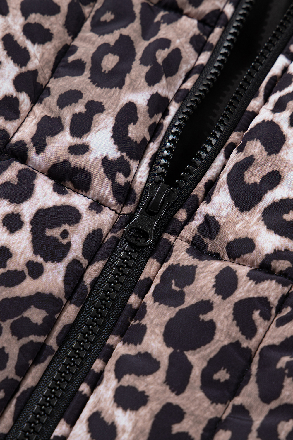 Brown Leopard Quilted Full Zipper Casual Puff Vest