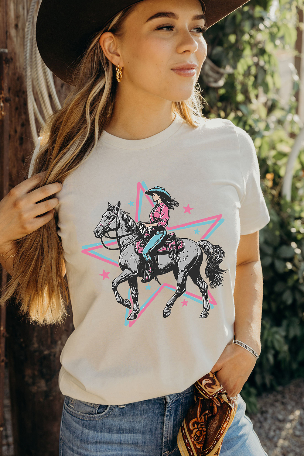 White Star Cowgirl Graphic Round Neck T Shirt