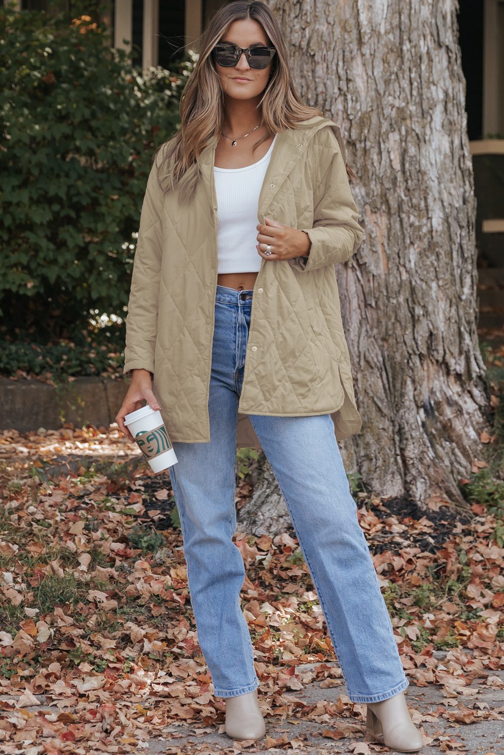Green Quilted Snap Button Hooded Puffer Coat