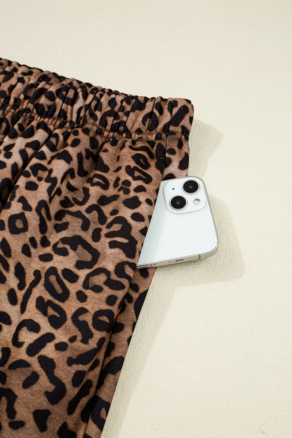 Coffee Leopard Print Contrast Trim Long Sleeve Top and Pants Set