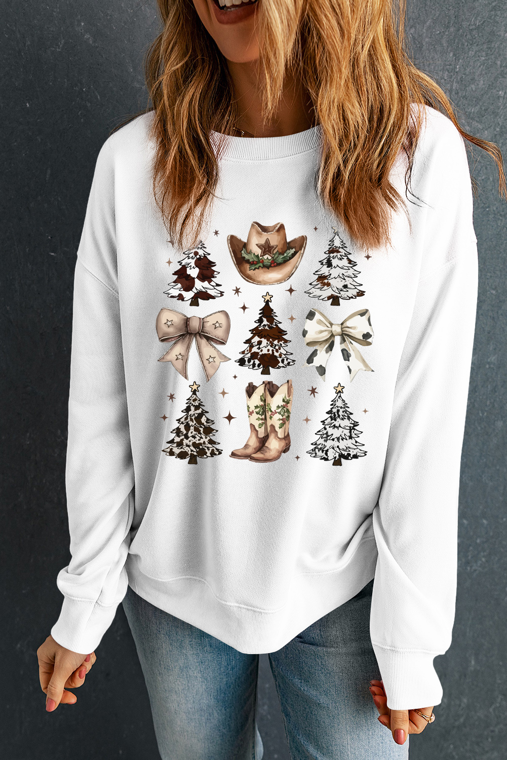 White Cowgirl Bow Christmas Tree Print Drop Shoulder Sweatshirt