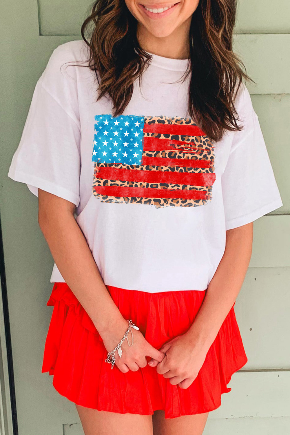 White Leopard Insert American Flag Pattern Cotton Blend T Shirt