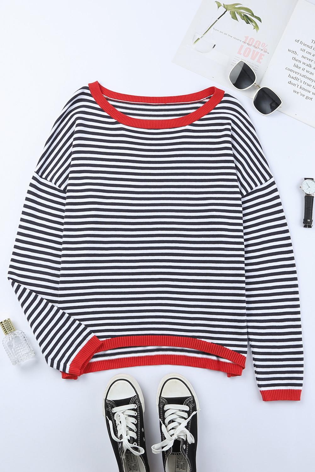 Fiery Red Striped Contrast Trimmed Drop Shoulder Sweater