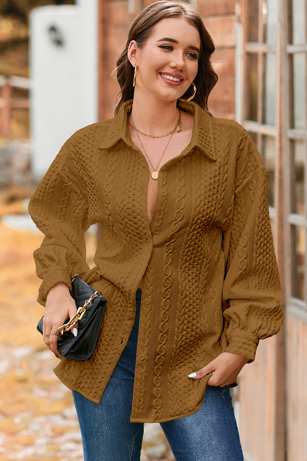 Sepia Rose Cable Texture Puff Sleeve Loose Shacket