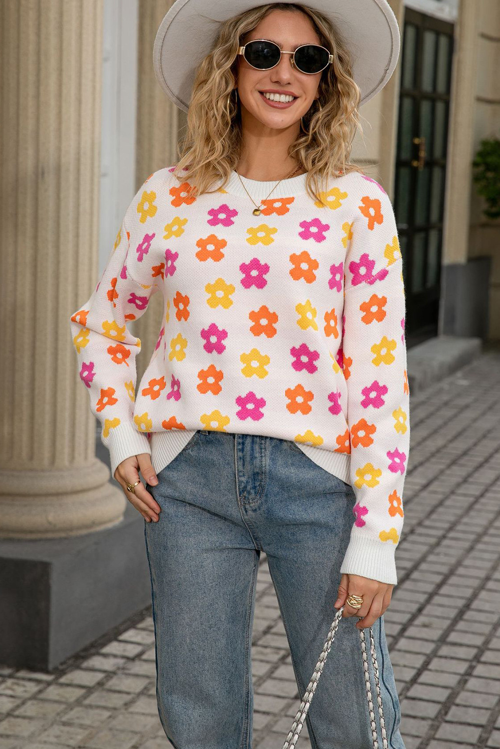 Apricot Cute Flower Allover Ribbed Trimmed Drop Shoulder Pullover Sweater