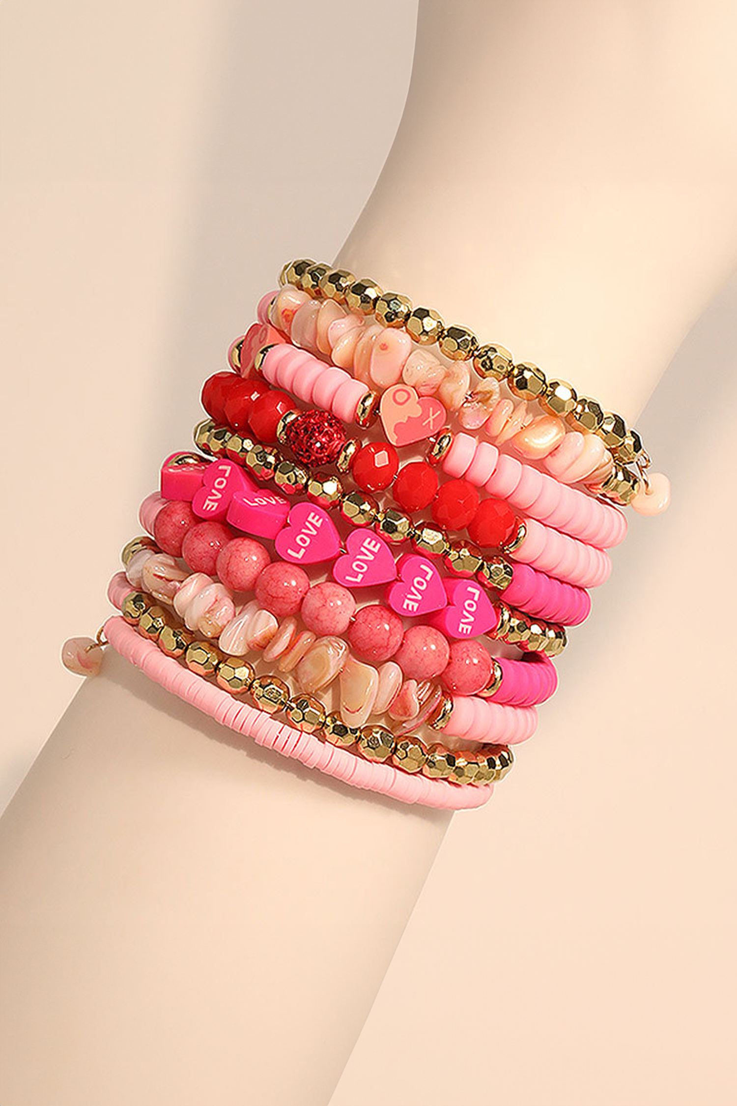Rose Red 10pcs Polymer Clay Crystal Bead Valentines Heart Multilayer Bracelet Set
