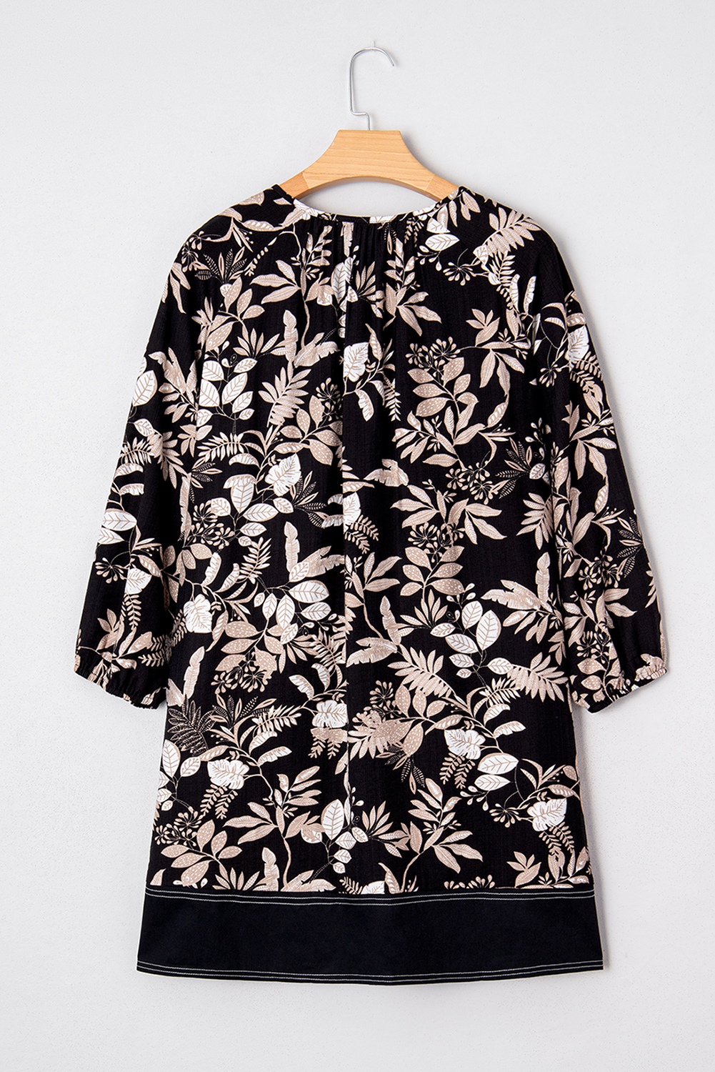 Black 3/4 Sleeve Botanical Print Split Neck Loose Mini Dress