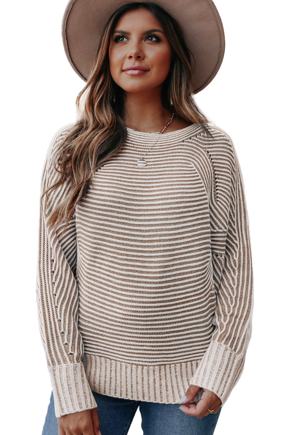 Coffee Striped Print Ribbed Knit Boat Neck Baggy Sweater