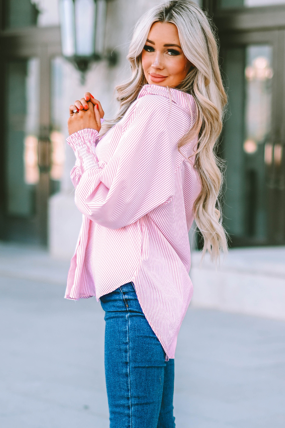 Red Stripe Smocked Cuffed Striped Boyfriend Shirt with Pocket