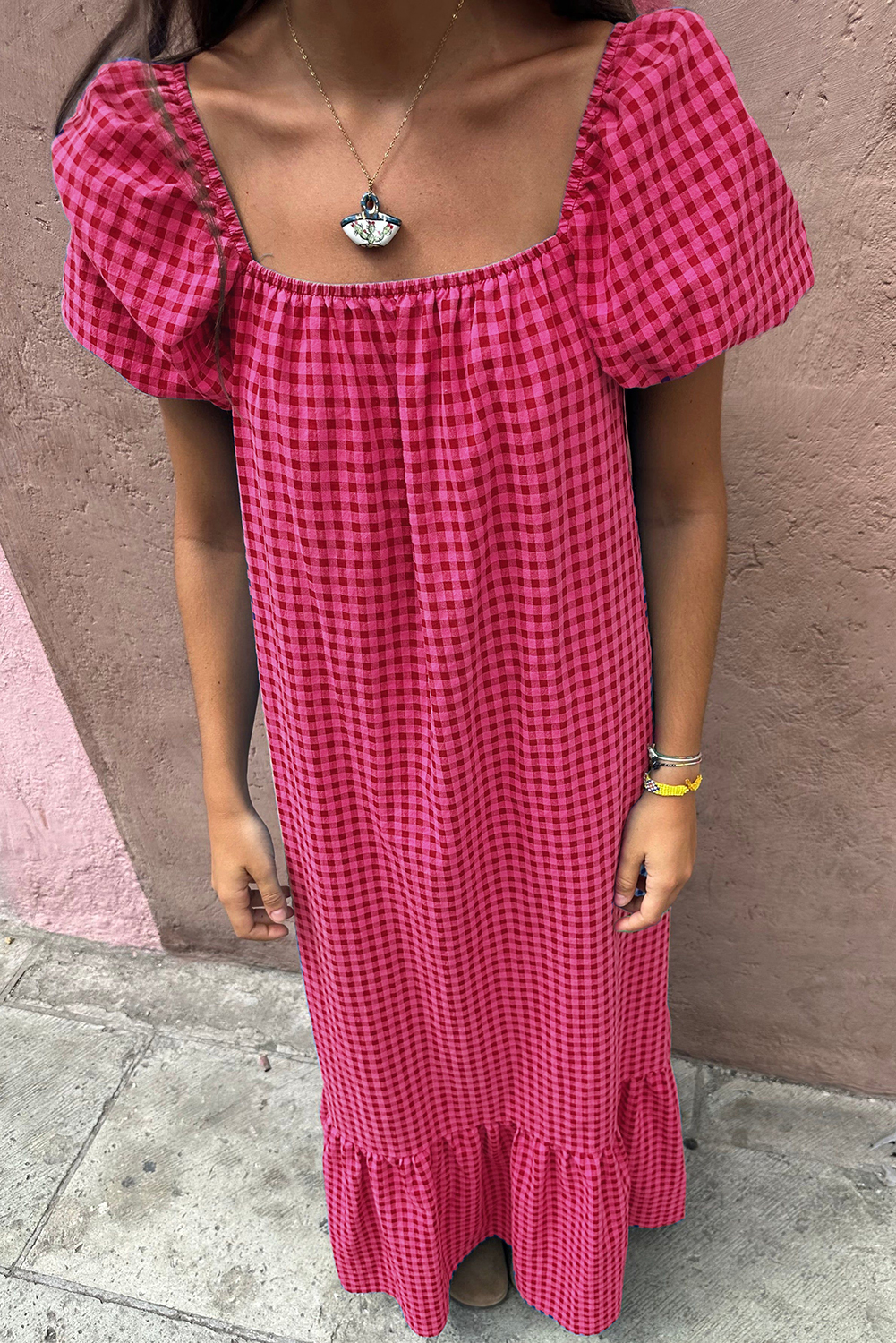 Rose Ginham Check Bubble Sleeve Ruffled Maxi Dress