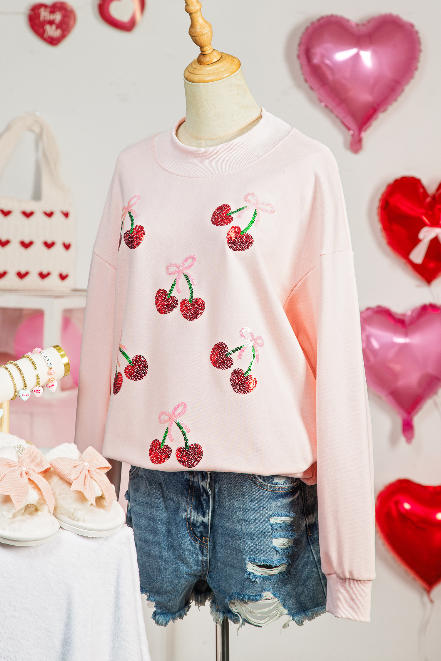 Apricot Pink Cowgirl Element Embroidered Detail Mock Neck Sweatshirt