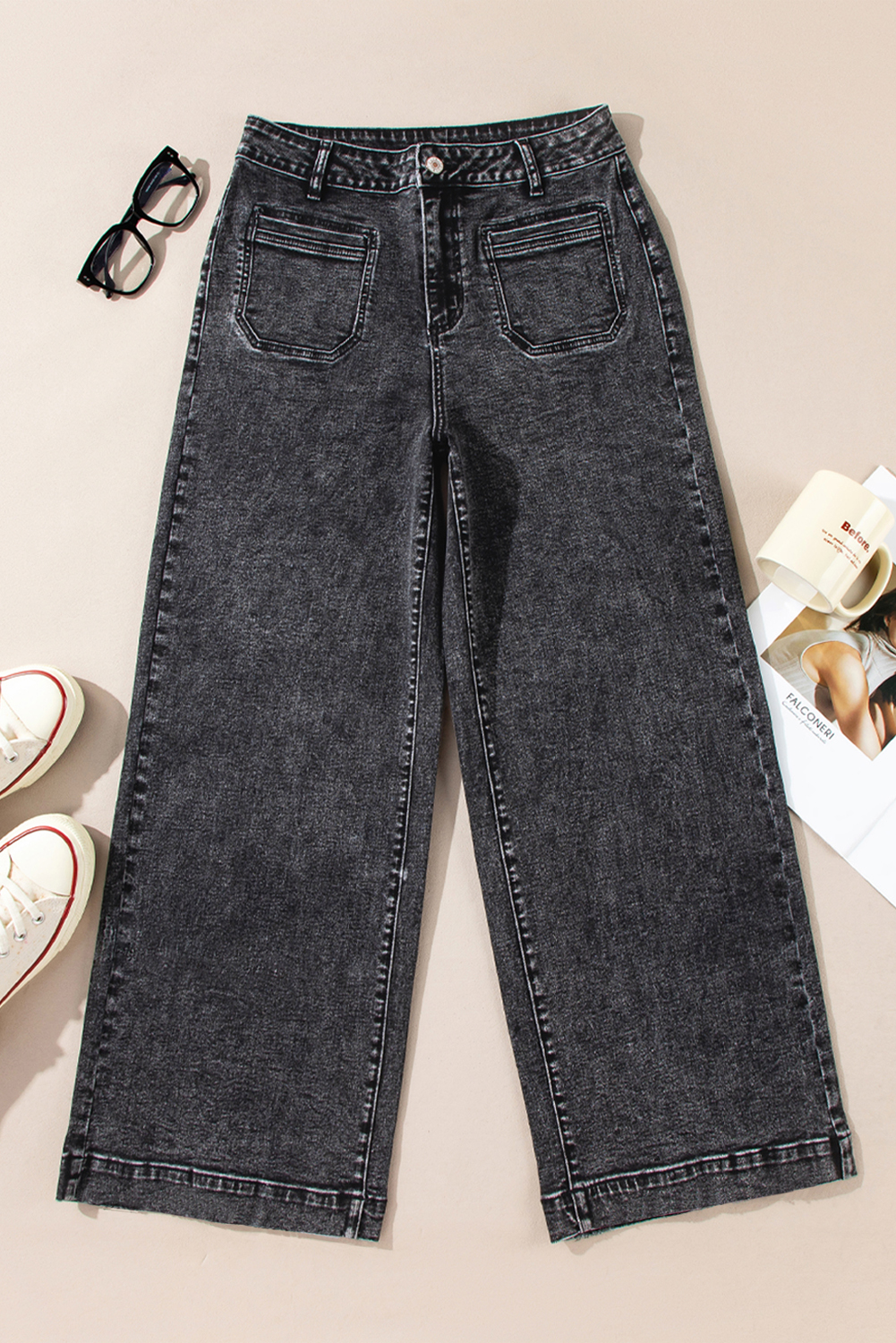 Light Blue Chic Patch Pocket Straight Leg Loose Jeans