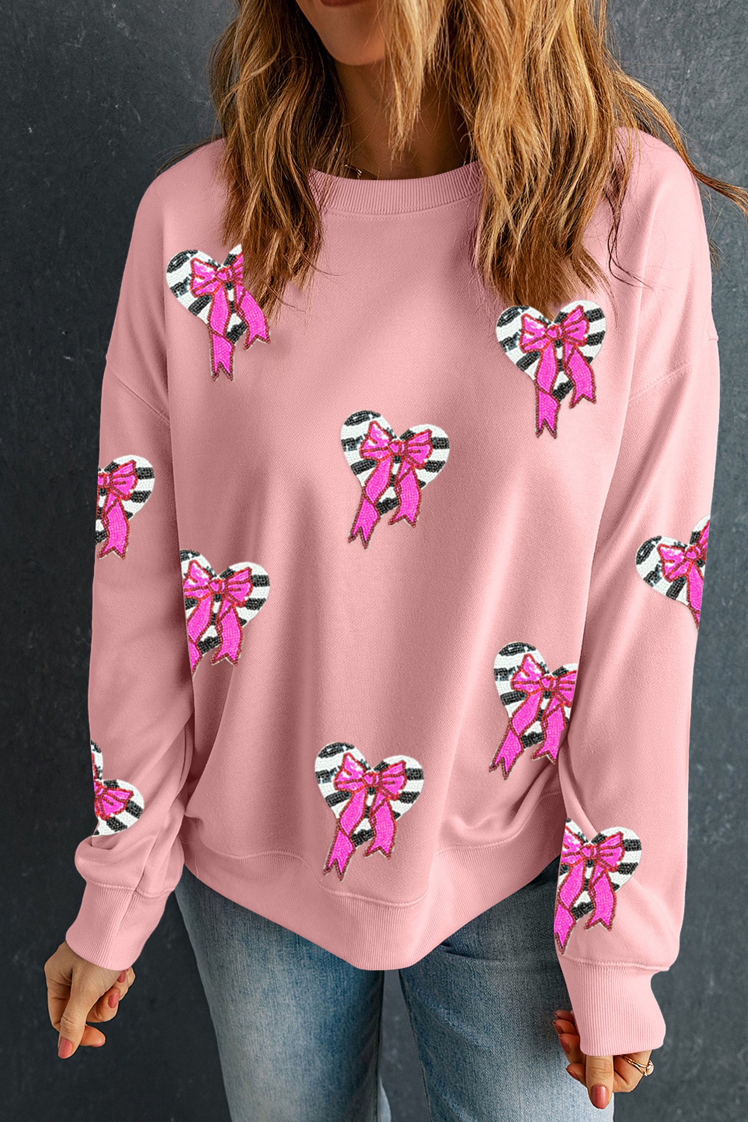 Pink Sequin Bow Striped Heart Dropped Shoulder Sweatshirt