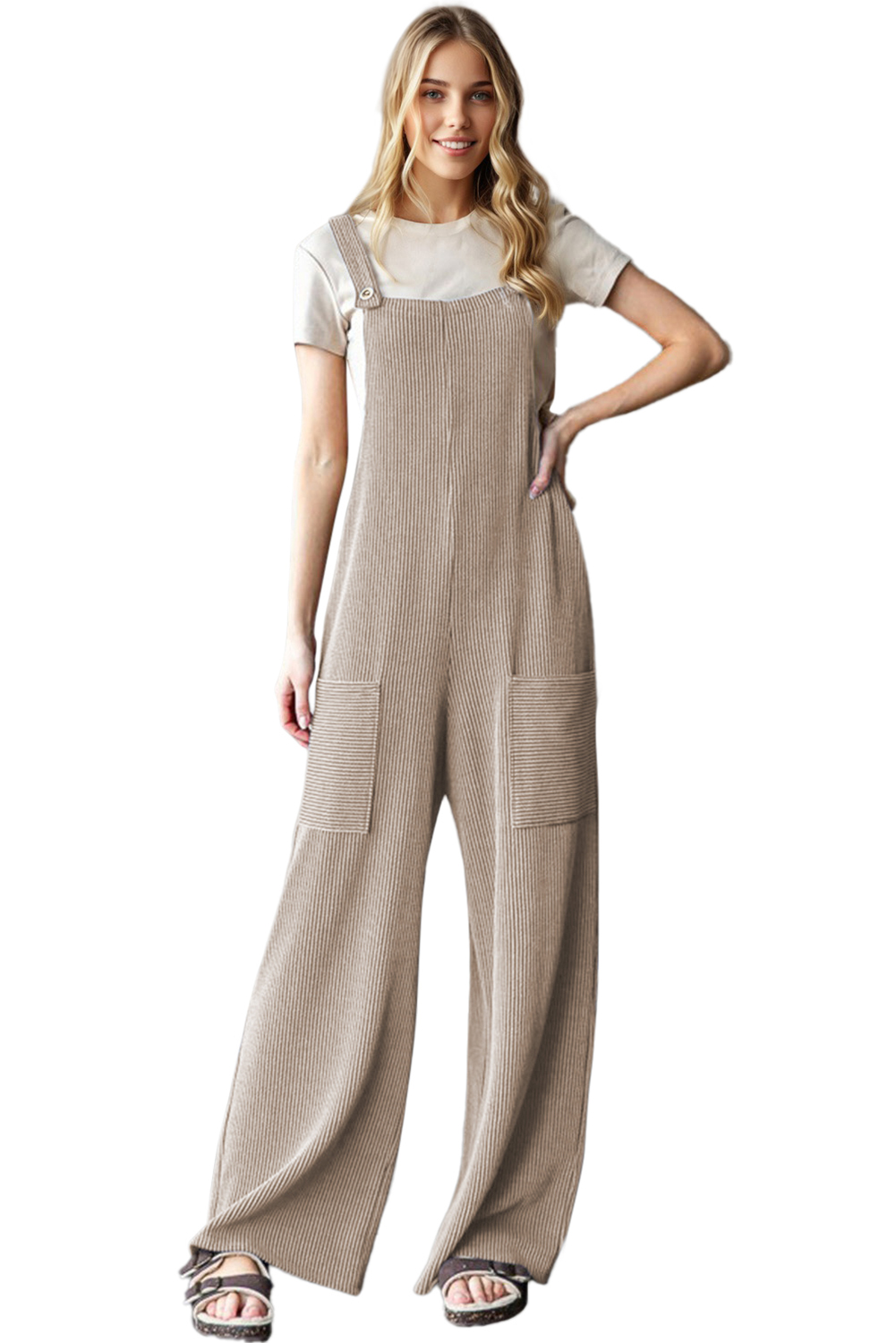 Dark Grey Ribbed Knit Patched Pocket Wide Leg Overalls