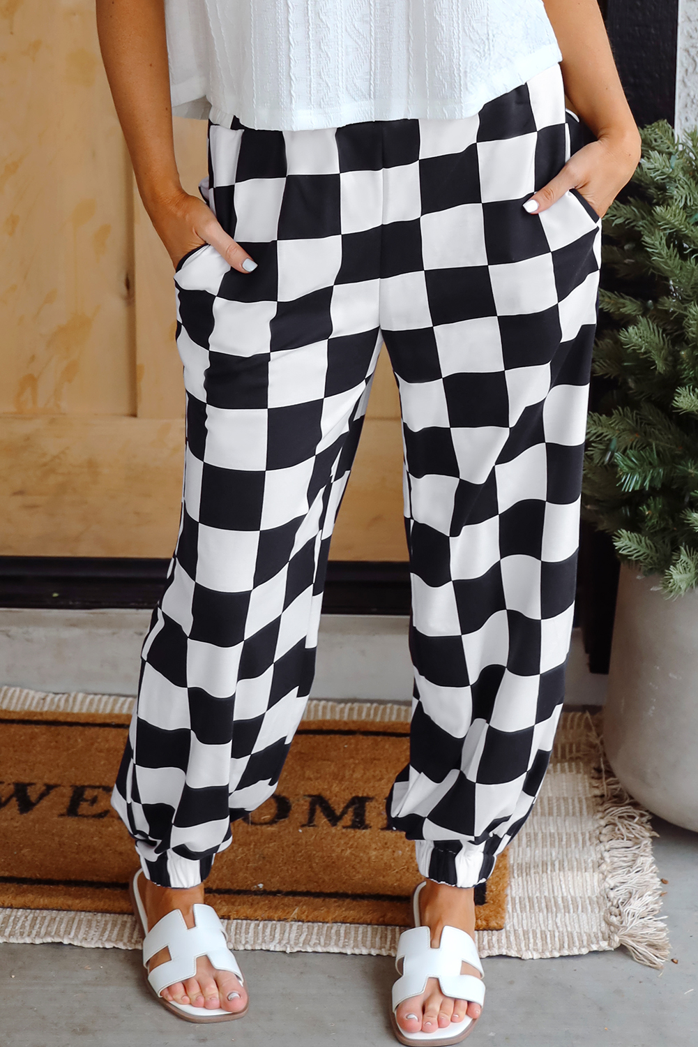 Black 2-Tone Checked Print High Waist Wide Leg Pants